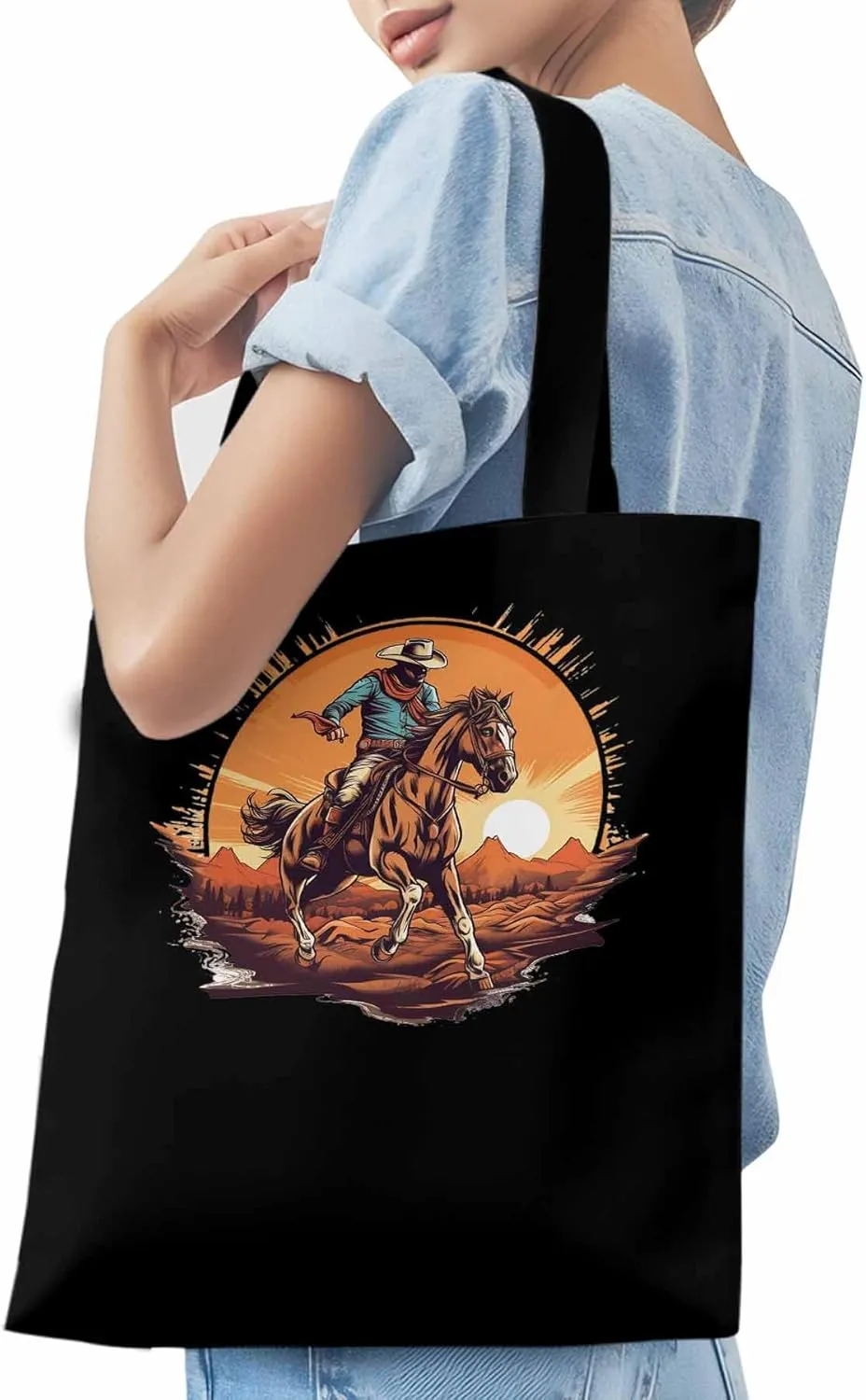 Canvas Tote Bag, Western Aesthetic Canvas Tote Handbags for Women Shoulder Bag Vintage Cowboy Print