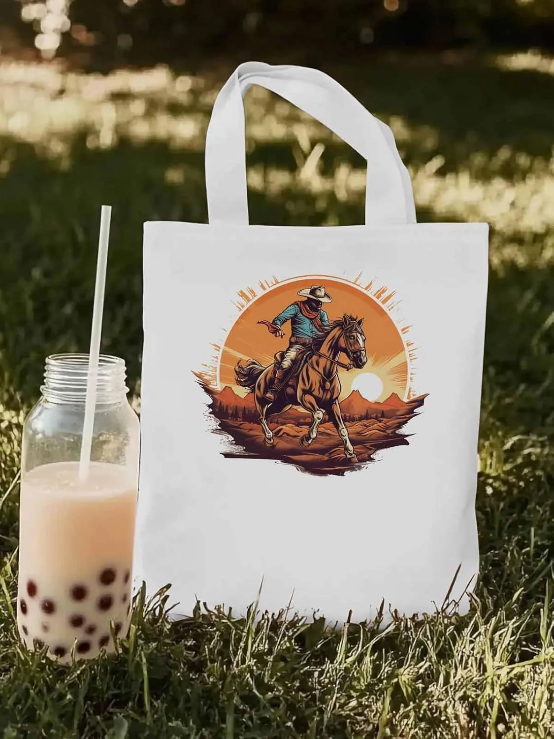 Canvas Tote Bag, Western Aesthetic Canvas Tote Handbags for Women Shoulder Bag Vintage Cowboy Print