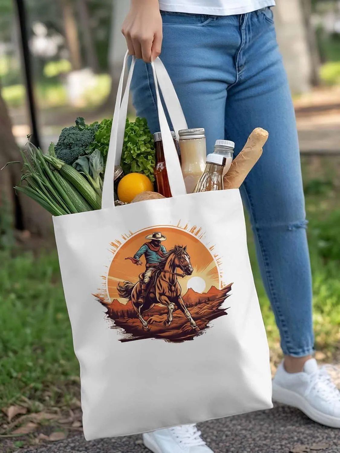 Canvas Tote Bag, Western Aesthetic Canvas Tote Handbags for Women Shoulder Bag Vintage Cowboy Print
