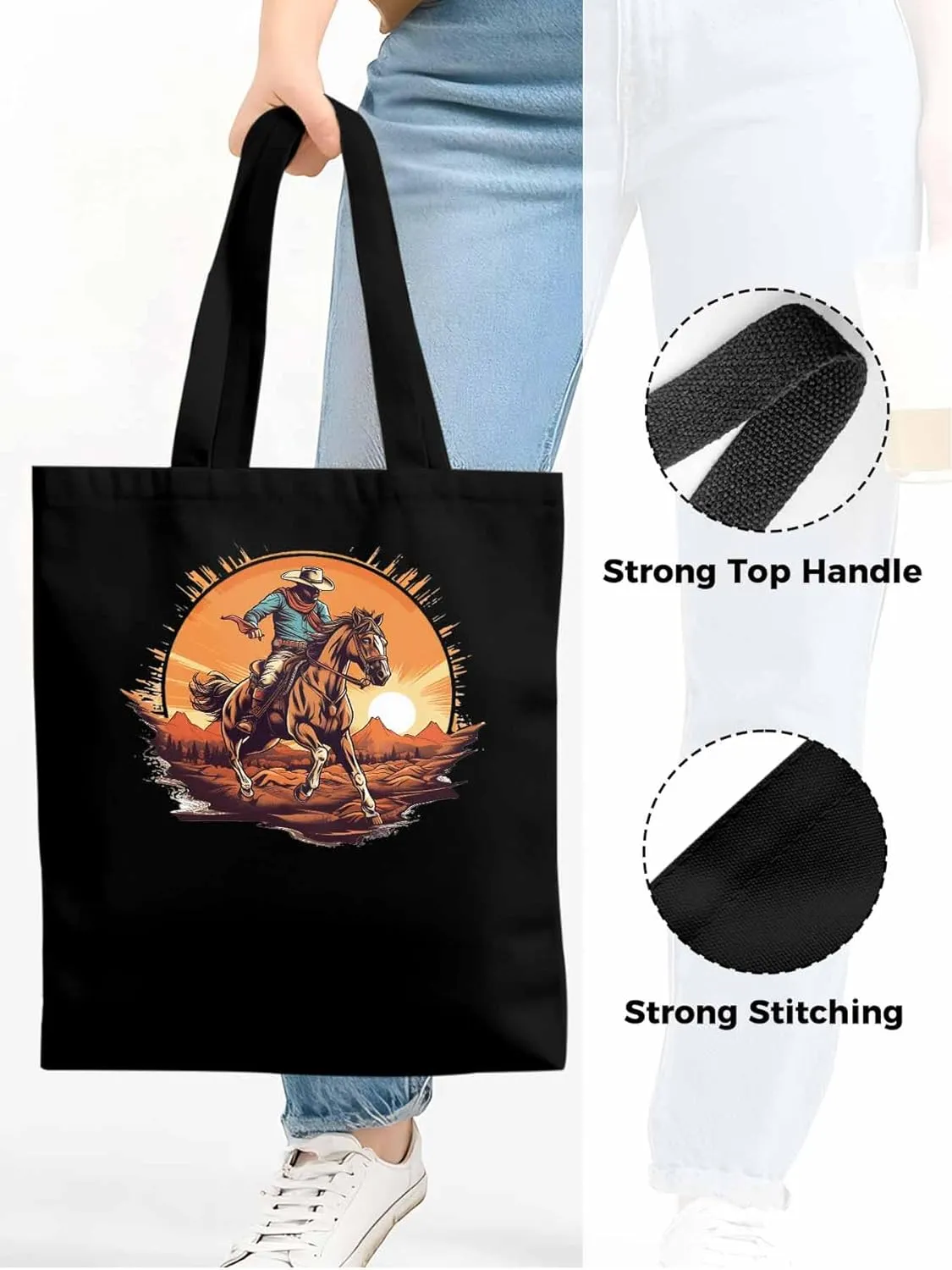 Canvas Tote Bag, Western Aesthetic Canvas Tote Handbags for Women Shoulder Bag Vintage Cowboy Print