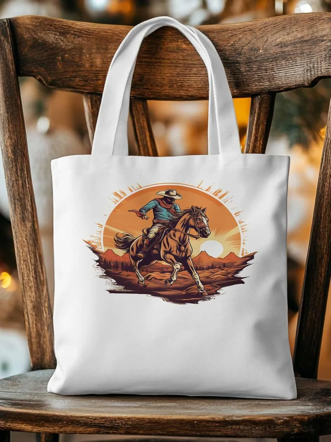 Canvas Tote Bag, Western Aesthetic Canvas Tote Handbags for Women Shoulder Bag Vintage Cowboy Print