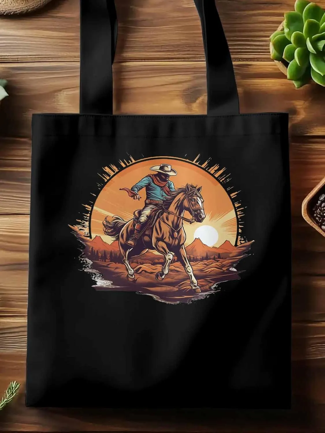 Canvas Tote Bag, Western Aesthetic Canvas Tote Handbags for Women Shoulder Bag Vintage Cowboy Print