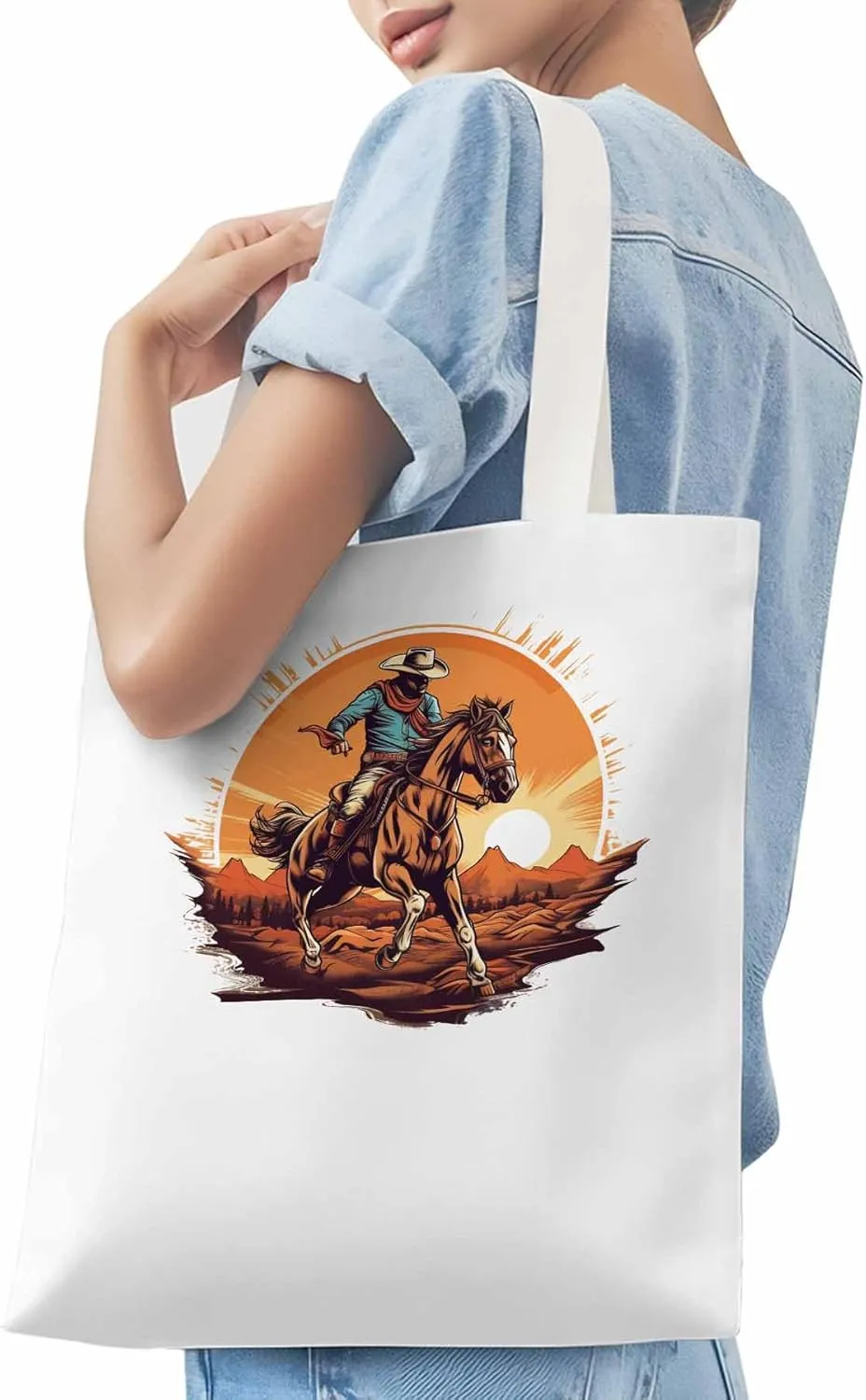 Canvas Tote Bag, Western Aesthetic Canvas Tote Handbags for Women Shoulder Bag Vintage Cowboy Print