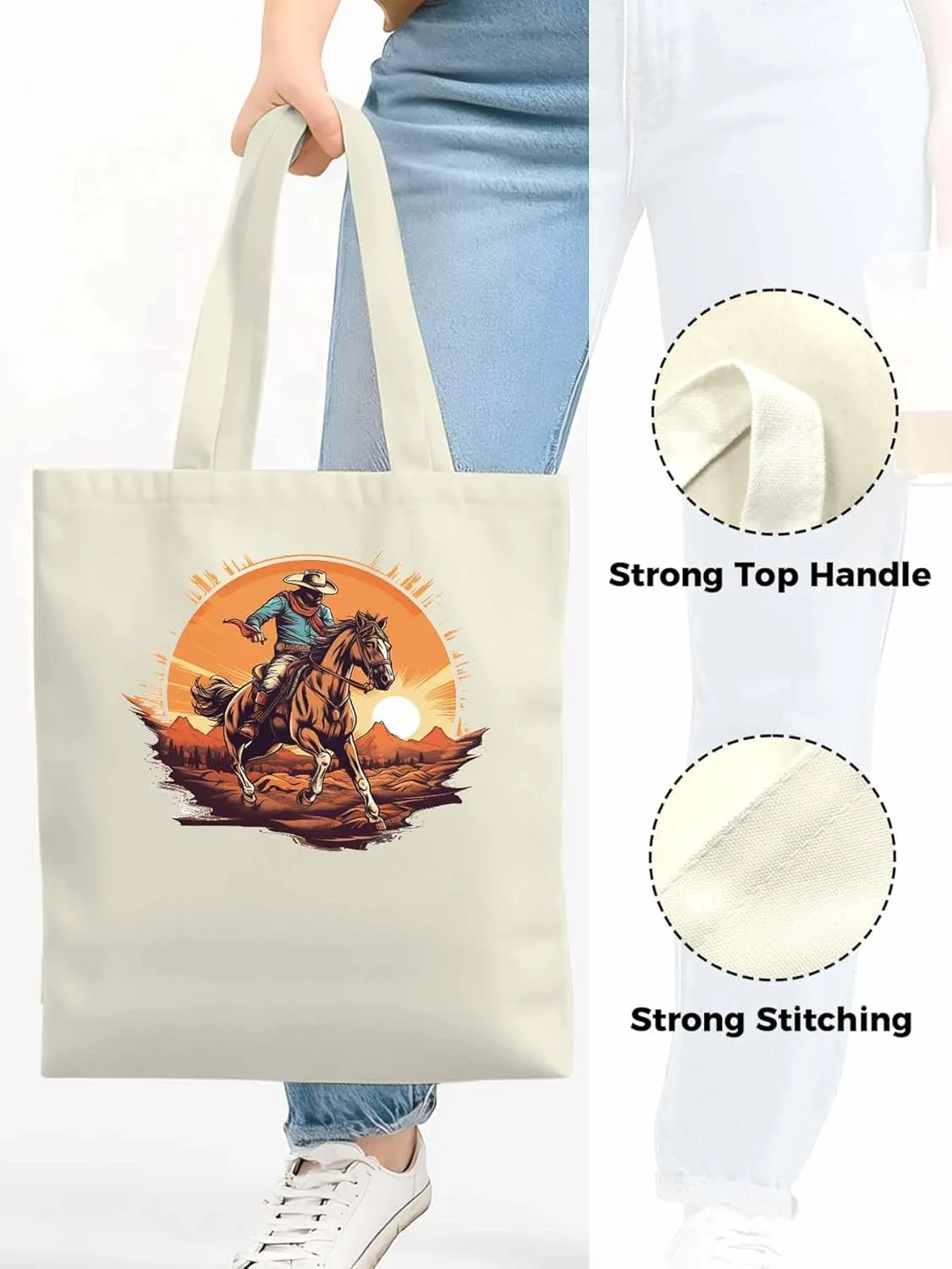 Canvas Tote Bag, Western Aesthetic Canvas Tote Handbags for Women Shoulder Bag Vintage Cowboy Print