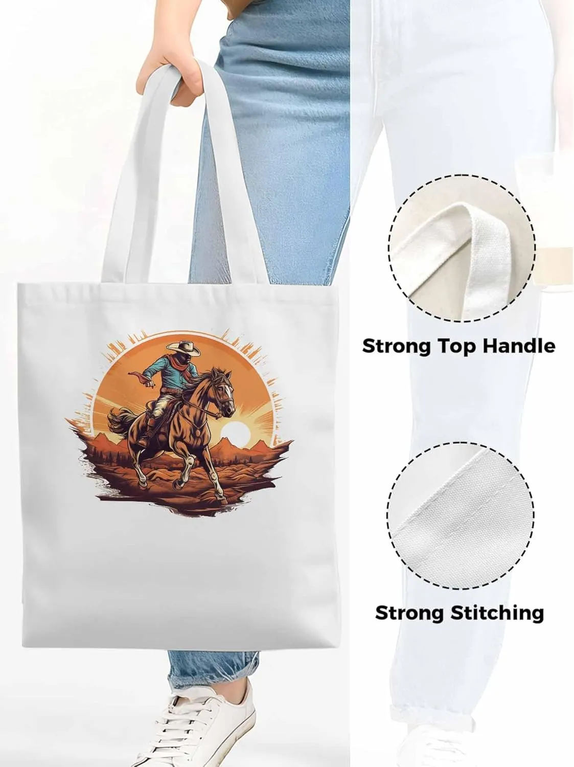 Canvas Tote Bag, Western Aesthetic Canvas Tote Handbags for Women Shoulder Bag Vintage Cowboy Print