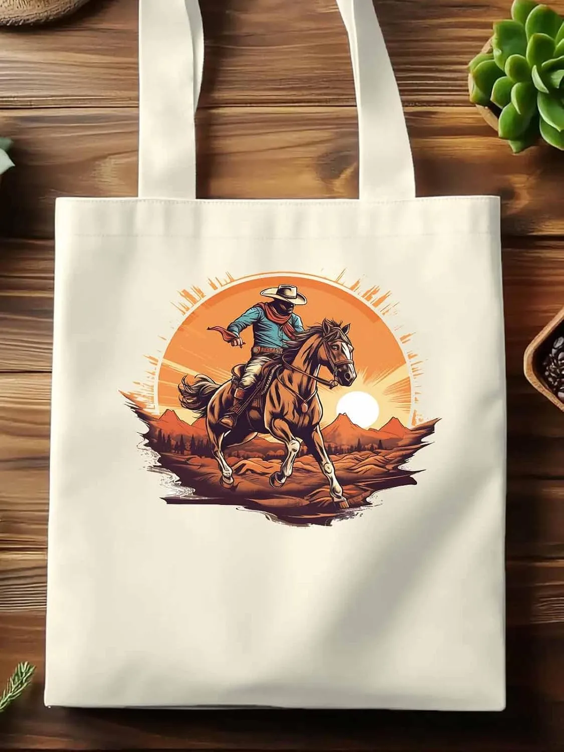 Canvas Tote Bag, Western Aesthetic Canvas Tote Handbags for Women Shoulder Bag Vintage Cowboy Print