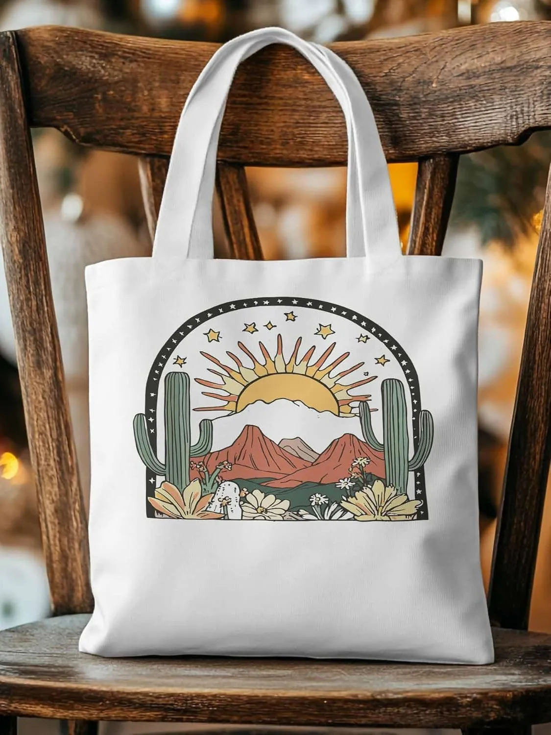 Canvas Tote Bag, Western Cactus Mountain Sun Flower Aesthetic Canvas Tote Handbags for Women Shoulder Bag,