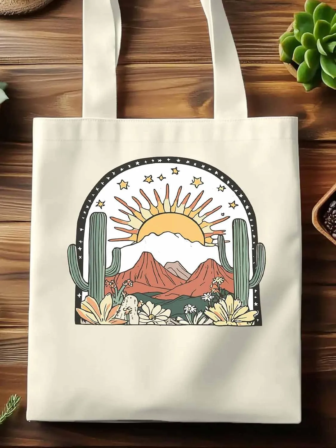 Canvas Tote Bag, Western Cactus Mountain Sun Flower Aesthetic Canvas Tote Handbags for Women Shoulder Bag,