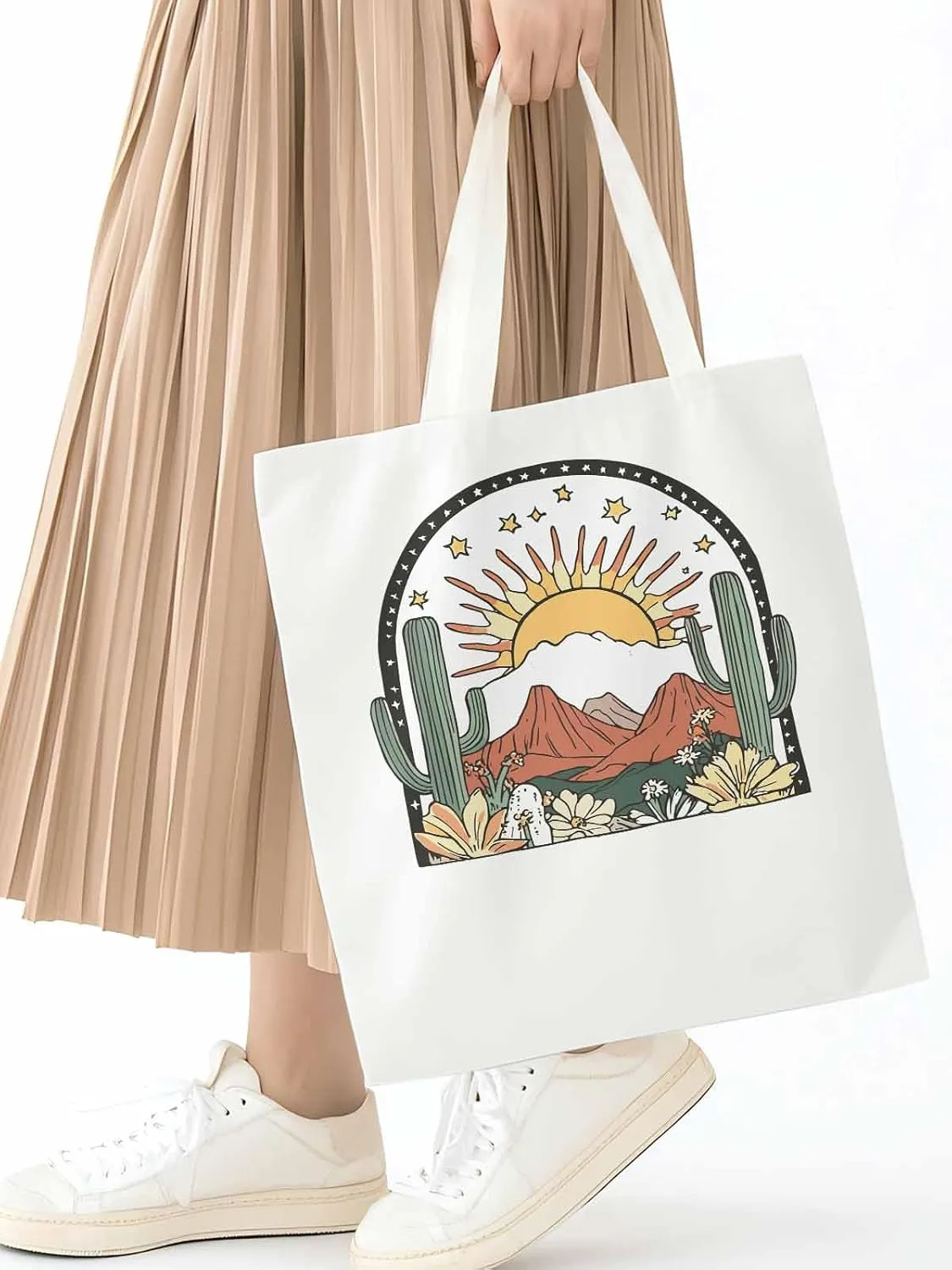 Canvas Tote Bag, Western Cactus Mountain Sun Flower Aesthetic Canvas Tote Handbags for Women Shoulder Bag,