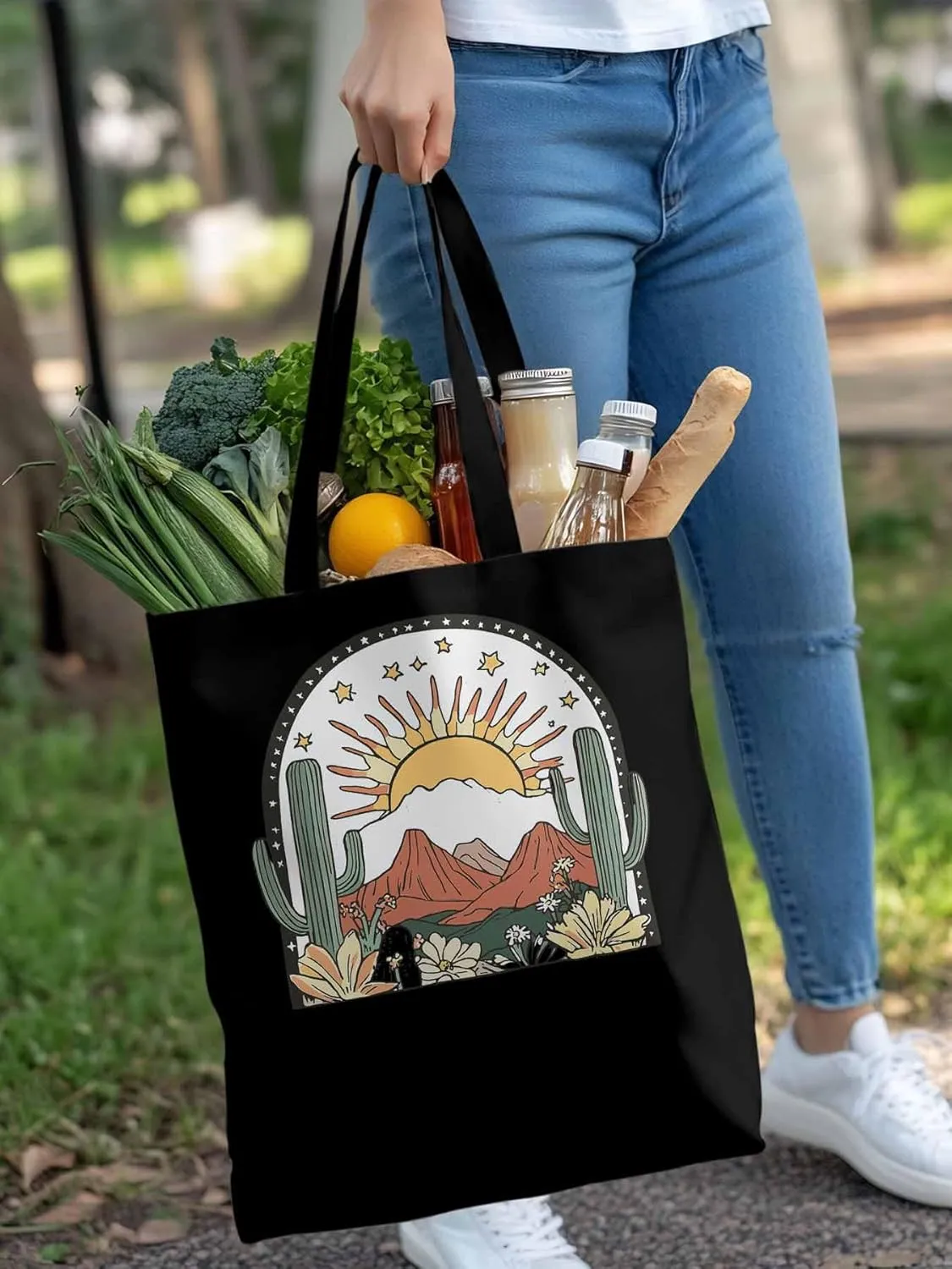 Canvas Tote Bag, Western Cactus Mountain Sun Flower Aesthetic Canvas Tote Handbags for Women Shoulder Bag,