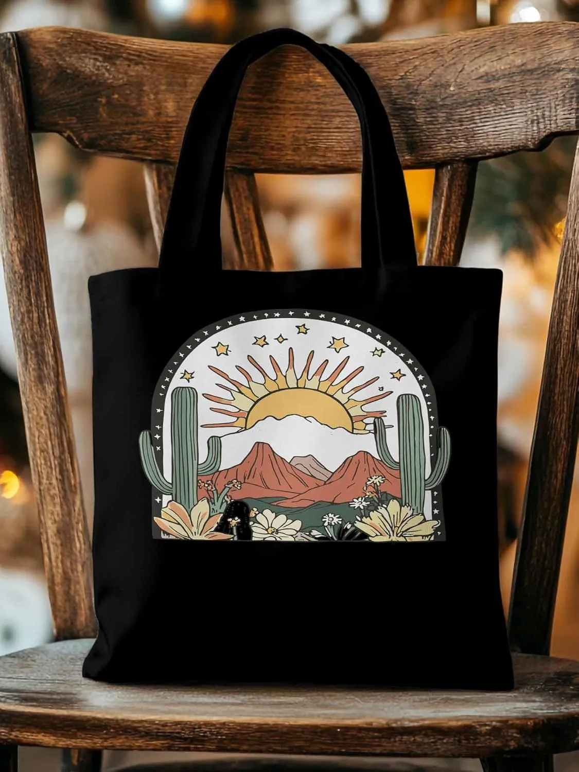 Canvas Tote Bag, Western Cactus Mountain Sun Flower Aesthetic Canvas Tote Handbags for Women Shoulder Bag,