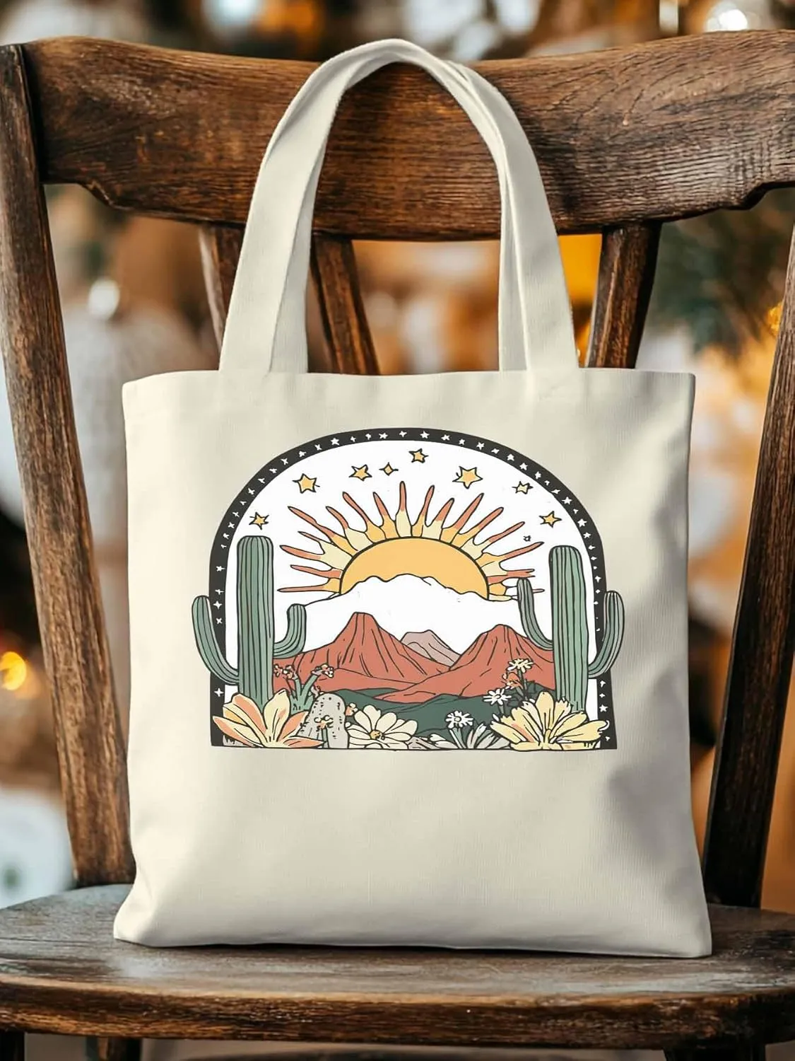 Canvas Tote Bag, Western Cactus Mountain Sun Flower Aesthetic Canvas Tote Handbags for Women Shoulder Bag,