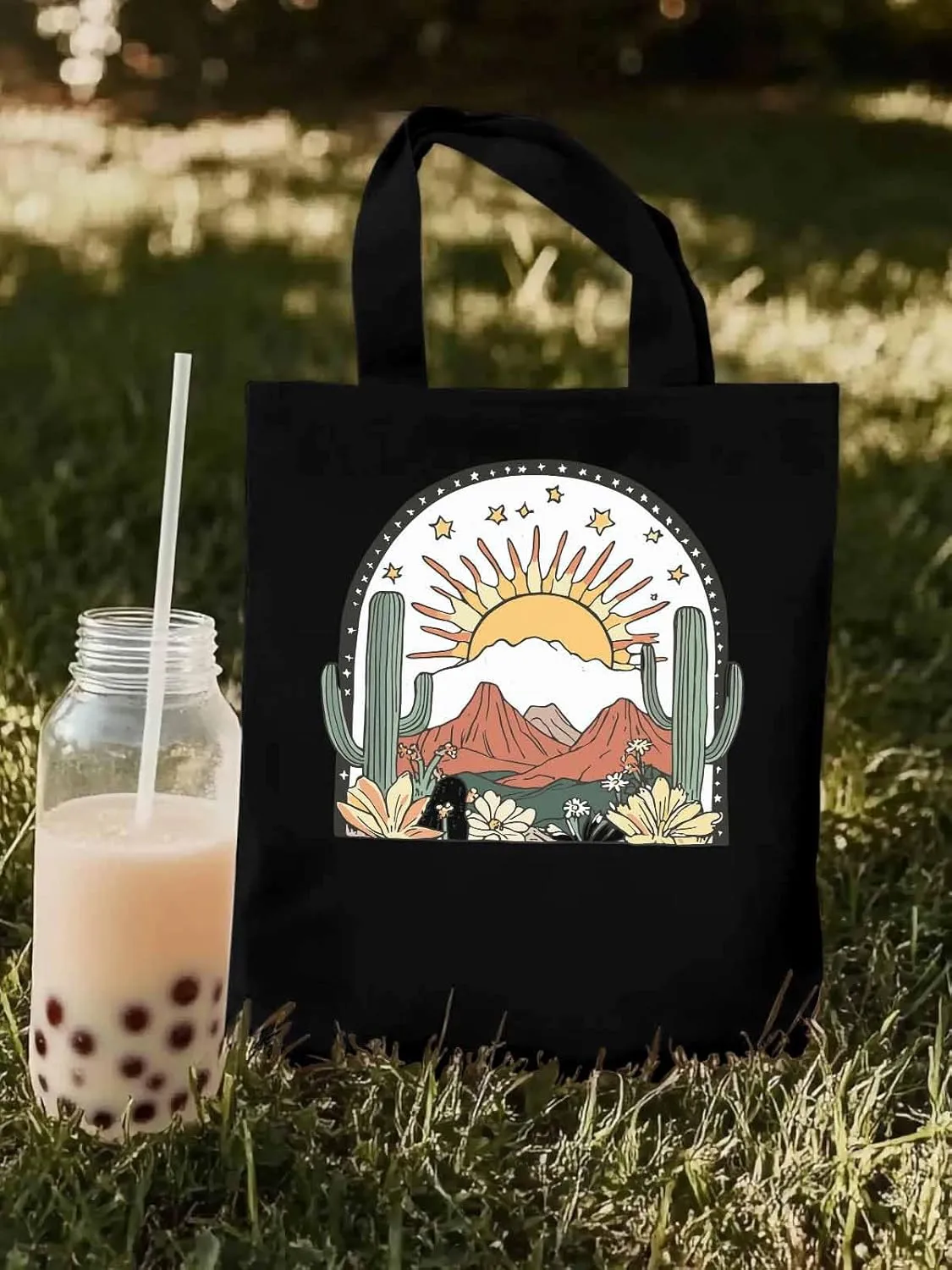 Canvas Tote Bag, Western Cactus Mountain Sun Flower Aesthetic Canvas Tote Handbags for Women Shoulder Bag,