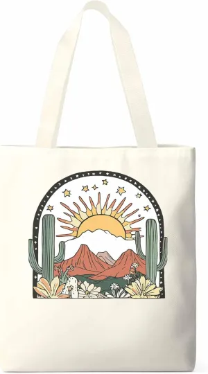 Canvas Tote Bag, Western Cactus Mountain Sun Flower Aesthetic Canvas Tote Handbags for Women Shoulder Bag,