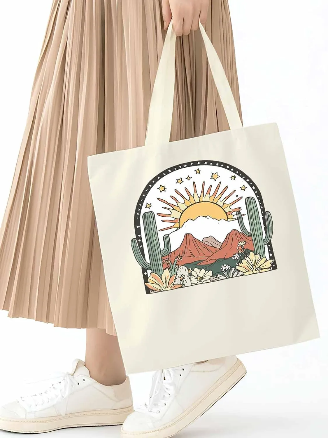 Canvas Tote Bag, Western Cactus Mountain Sun Flower Aesthetic Canvas Tote Handbags for Women Shoulder Bag,