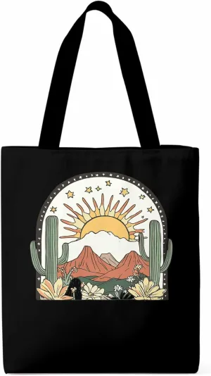 Canvas Tote Bag, Western Cactus Mountain Sun Flower Aesthetic Canvas Tote Handbags for Women Shoulder Bag,