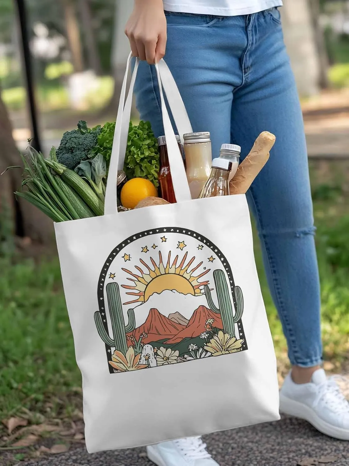 Canvas Tote Bag, Western Cactus Mountain Sun Flower Aesthetic Canvas Tote Handbags for Women Shoulder Bag,