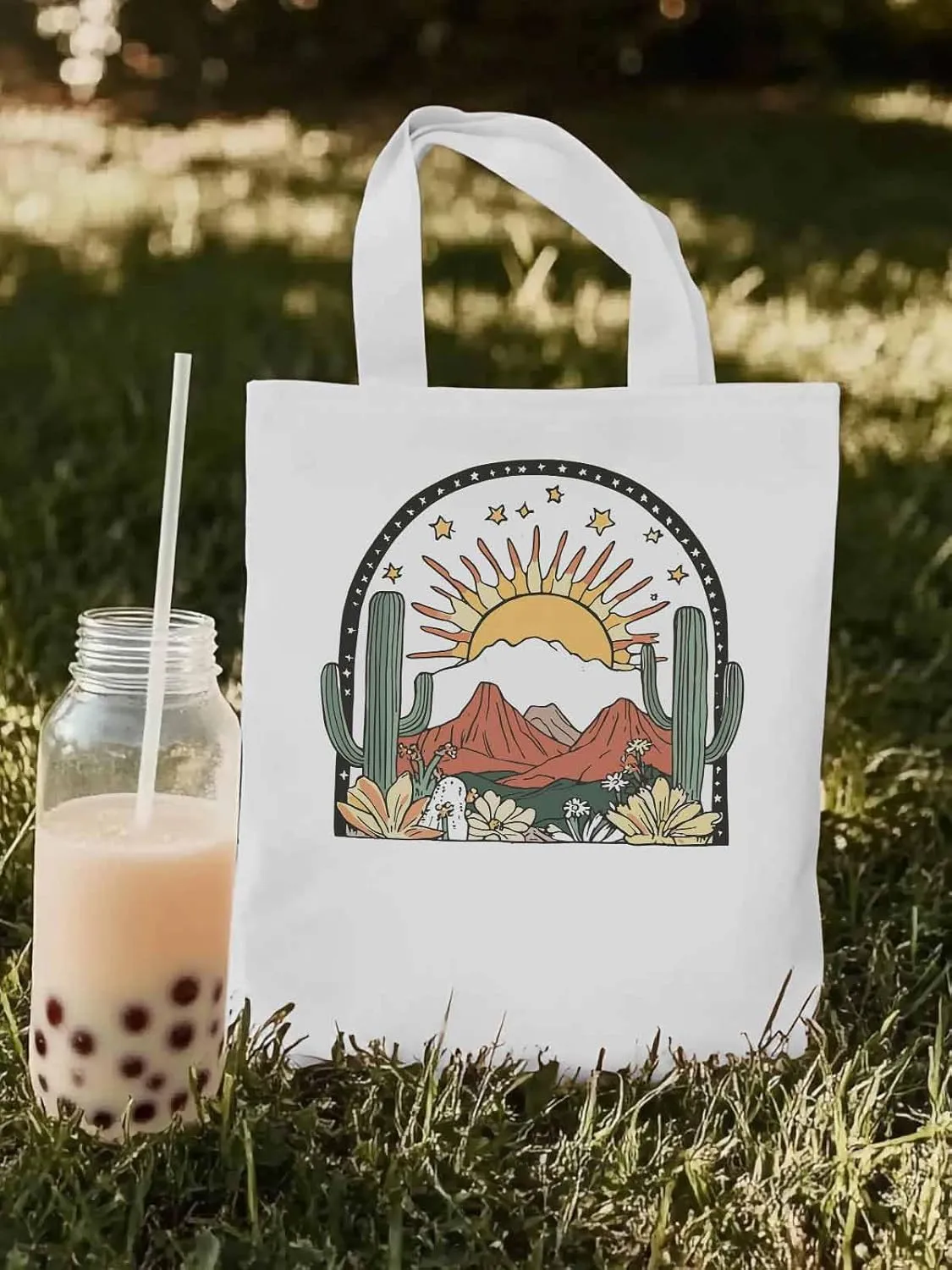 Canvas Tote Bag, Western Cactus Mountain Sun Flower Aesthetic Canvas Tote Handbags for Women Shoulder Bag,