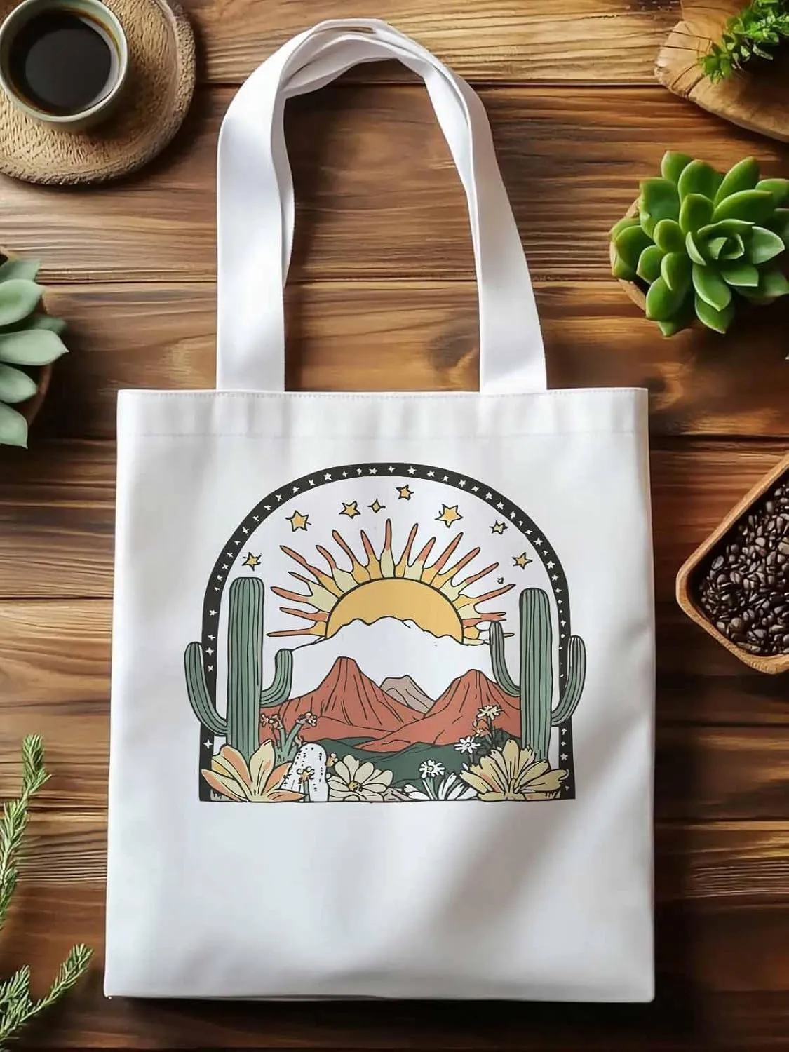Canvas Tote Bag, Western Cactus Mountain Sun Flower Aesthetic Canvas Tote Handbags for Women Shoulder Bag,