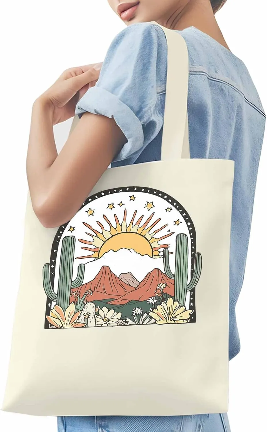 Canvas Tote Bag, Western Cactus Mountain Sun Flower Aesthetic Canvas Tote Handbags for Women Shoulder Bag,