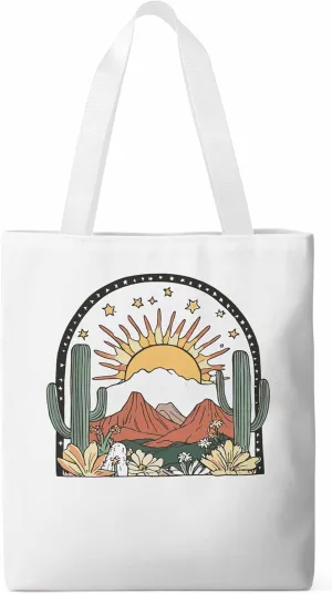 Canvas Tote Bag, Western Cactus Mountain Sun Flower Aesthetic Canvas Tote Handbags for Women Shoulder Bag,