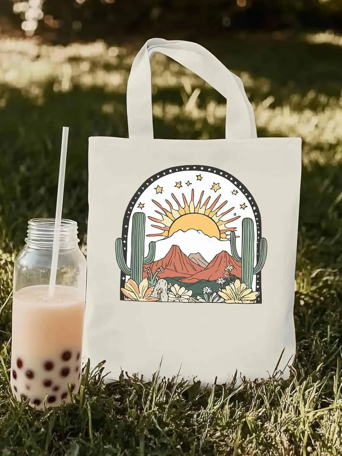 Canvas Tote Bag, Western Cactus Mountain Sun Flower Aesthetic Canvas Tote Handbags for Women Shoulder Bag,