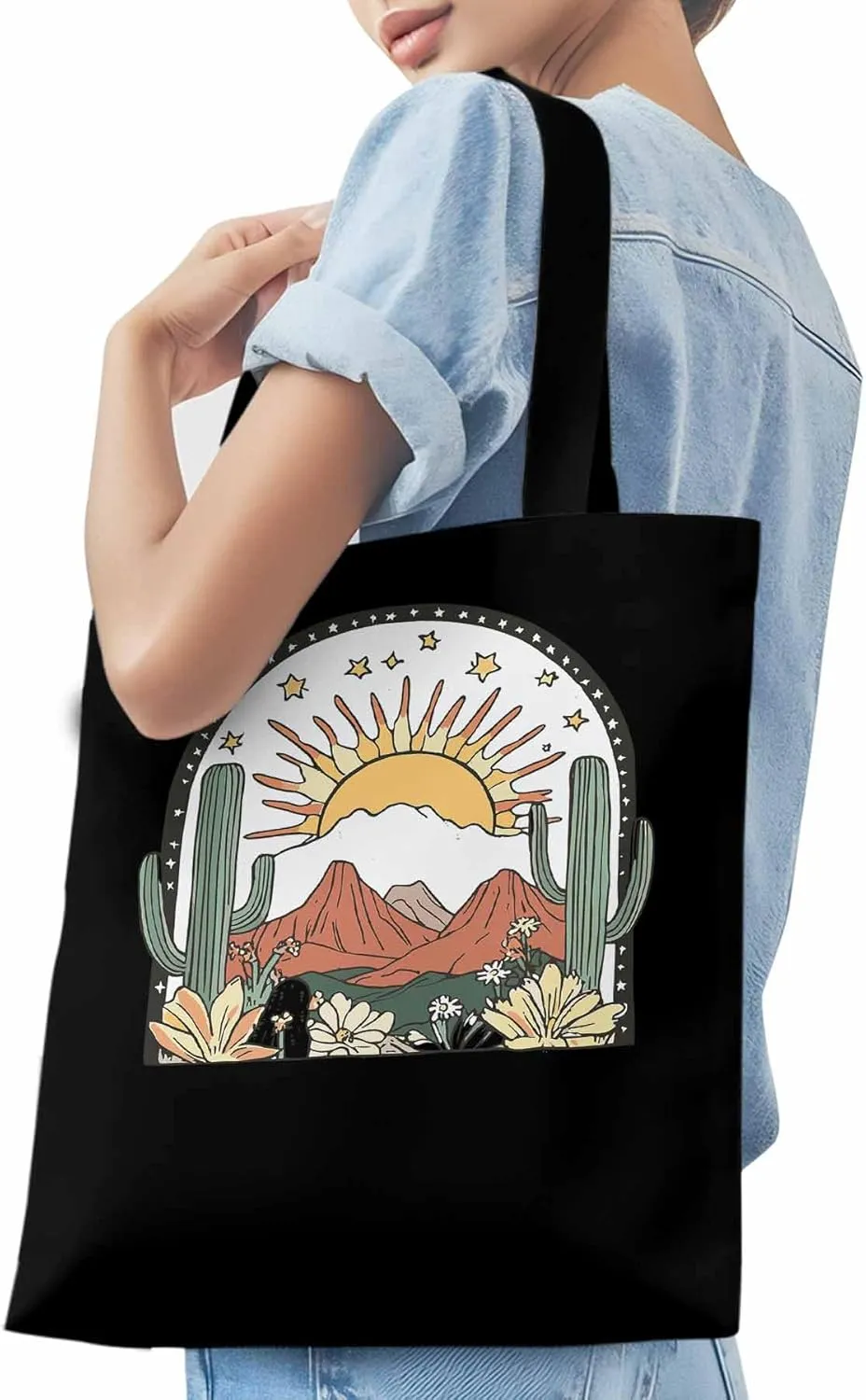 Canvas Tote Bag, Western Cactus Mountain Sun Flower Aesthetic Canvas Tote Handbags for Women Shoulder Bag,