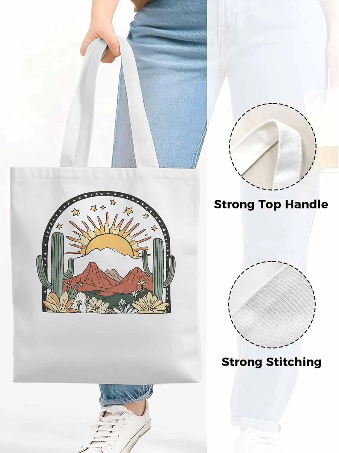 Canvas Tote Bag, Western Cactus Mountain Sun Flower Aesthetic Canvas Tote Handbags for Women Shoulder Bag,