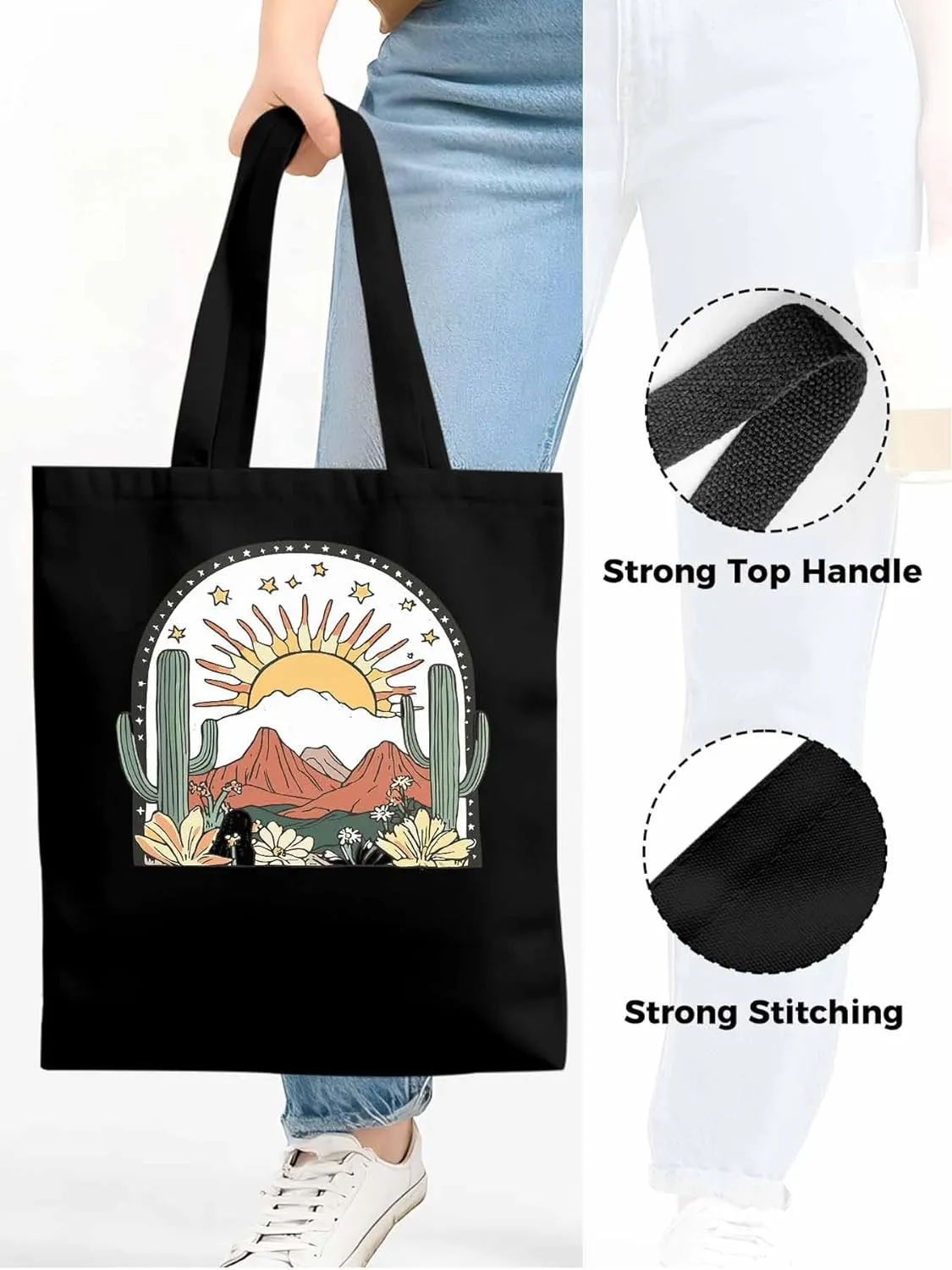 Canvas Tote Bag, Western Cactus Mountain Sun Flower Aesthetic Canvas Tote Handbags for Women Shoulder Bag,