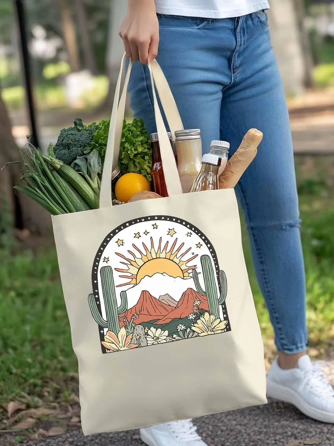 Canvas Tote Bag, Western Cactus Mountain Sun Flower Aesthetic Canvas Tote Handbags for Women Shoulder Bag,