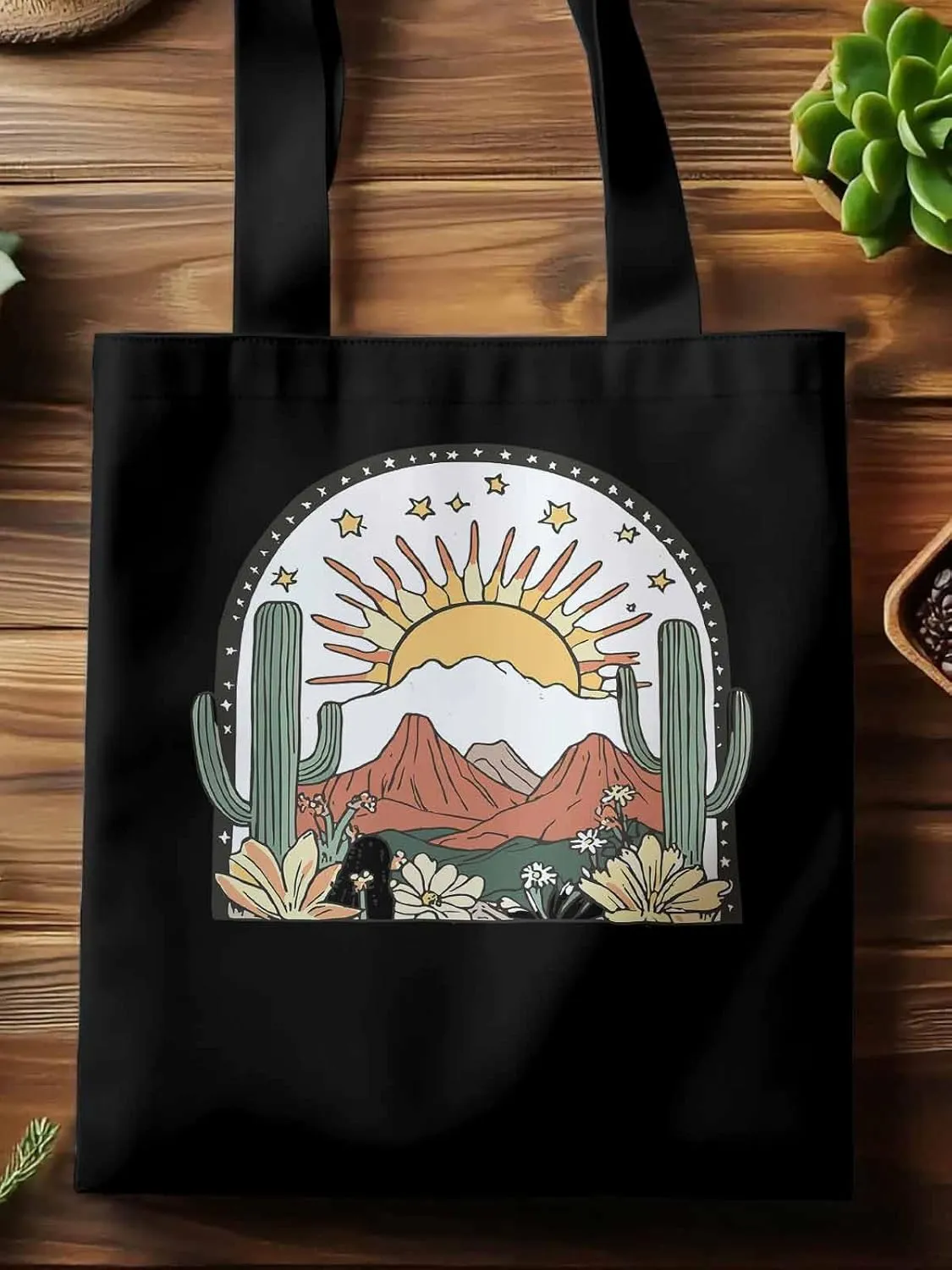 Canvas Tote Bag, Western Cactus Mountain Sun Flower Aesthetic Canvas Tote Handbags for Women Shoulder Bag,