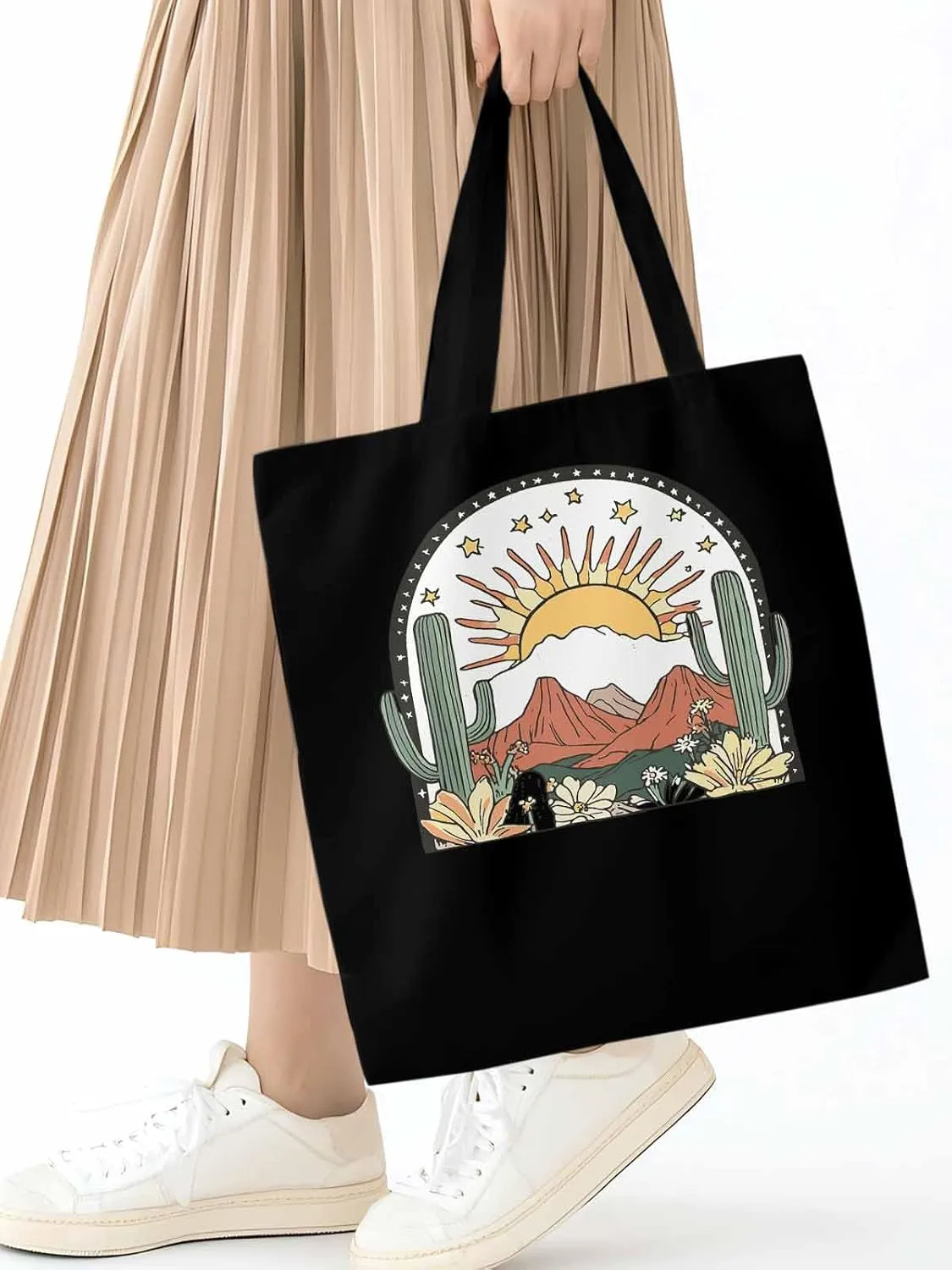 Canvas Tote Bag, Western Cactus Mountain Sun Flower Aesthetic Canvas Tote Handbags for Women Shoulder Bag,