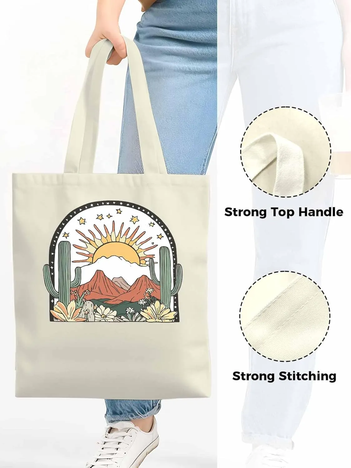 Canvas Tote Bag, Western Cactus Mountain Sun Flower Aesthetic Canvas Tote Handbags for Women Shoulder Bag,