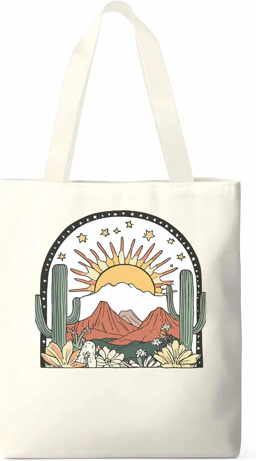 Canvas Tote Bag, Western Cactus Mountain Sun Flower Aesthetic Canvas Tote Handbags for Women Shoulder Bag,