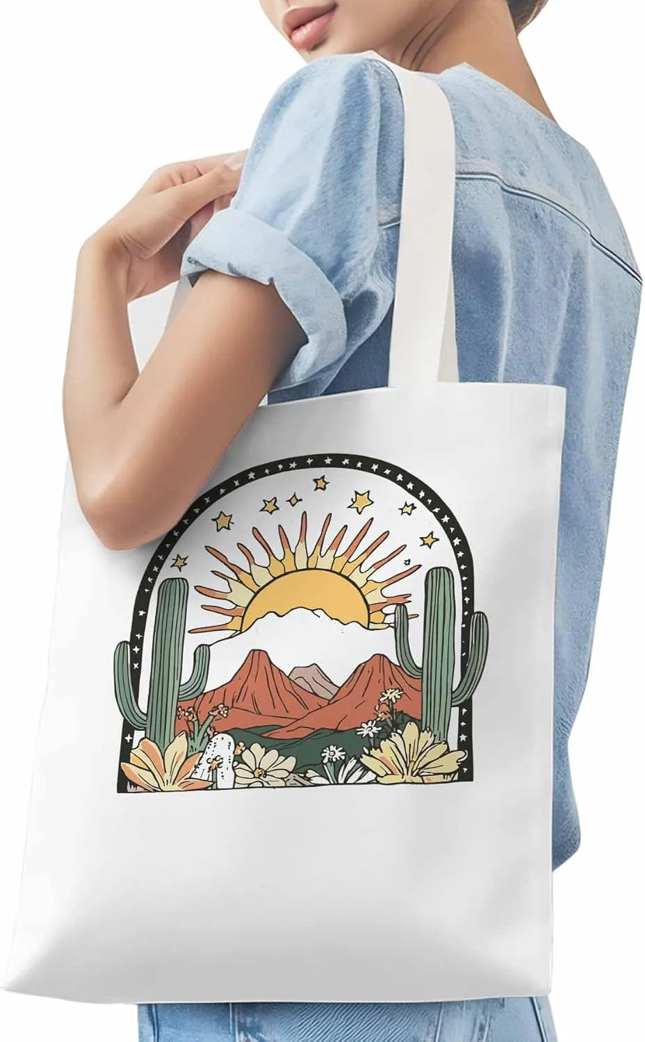 Canvas Tote Bag, Western Cactus Mountain Sun Flower Aesthetic Canvas Tote Handbags for Women Shoulder Bag,