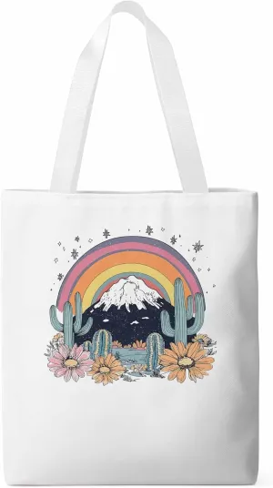 Canvas Tote Bag, Western Mountain Rainbow Cactus Flower patterned Canvas Tote Handbags for Women Shoulder Bag,