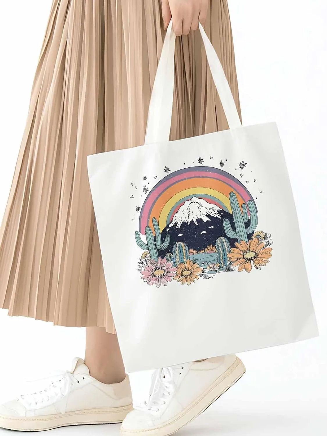 Canvas Tote Bag, Western Mountain Rainbow Cactus Flower patterned Canvas Tote Handbags for Women Shoulder Bag,