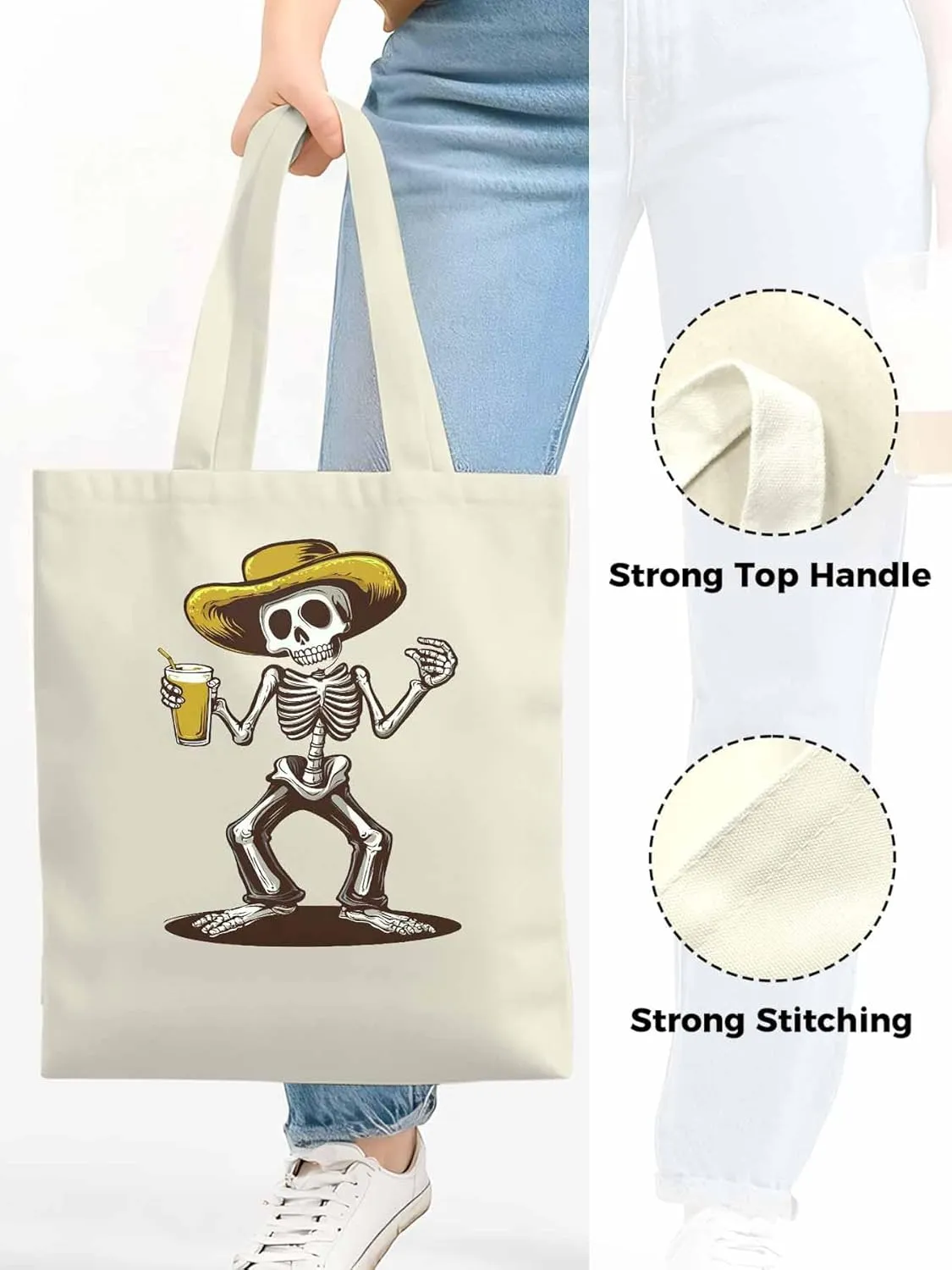Canvas Tote Bag, Western Skeleton Aesthetic Canvas Tote Handbags for Women Shoulder Bag,