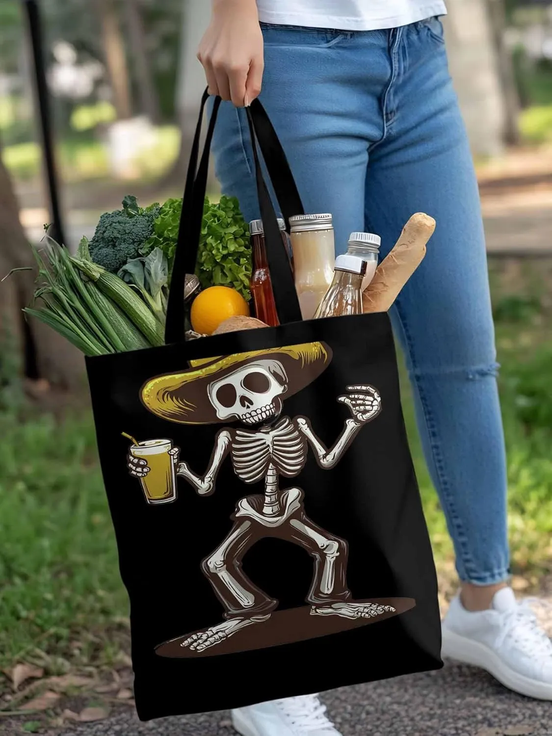 Canvas Tote Bag, Western Skeleton Aesthetic Canvas Tote Handbags for Women Shoulder Bag,