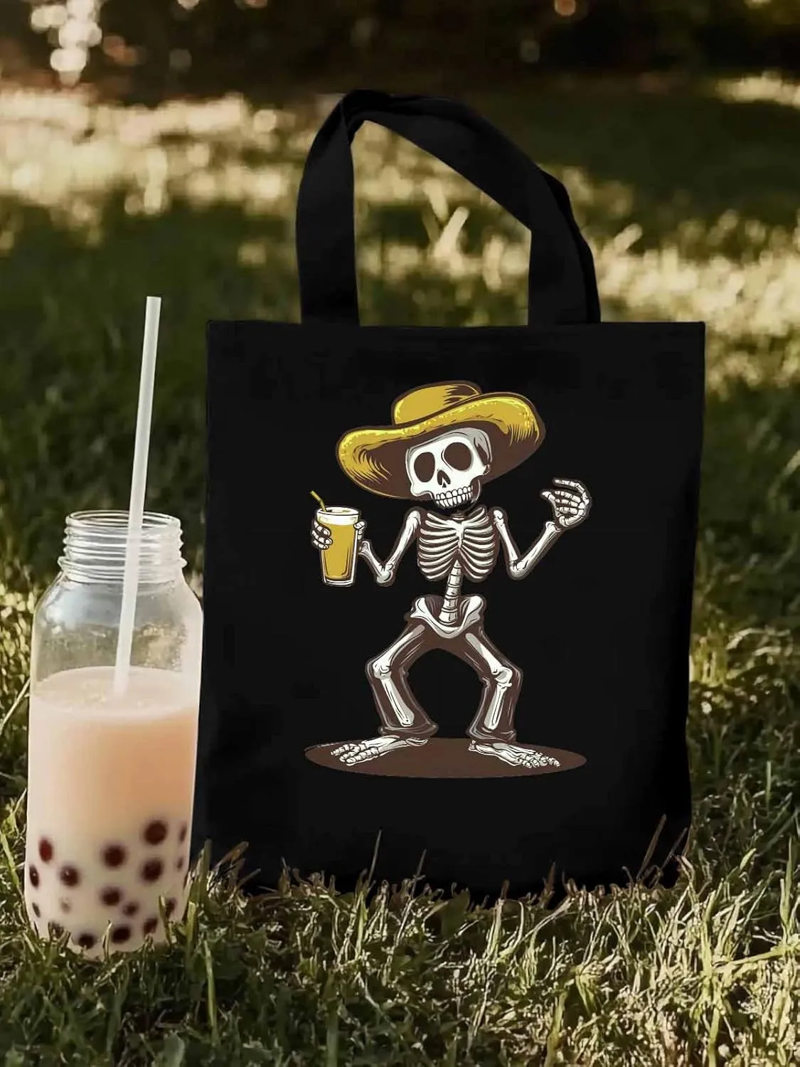 Canvas Tote Bag, Western Skeleton Aesthetic Canvas Tote Handbags for Women Shoulder Bag,