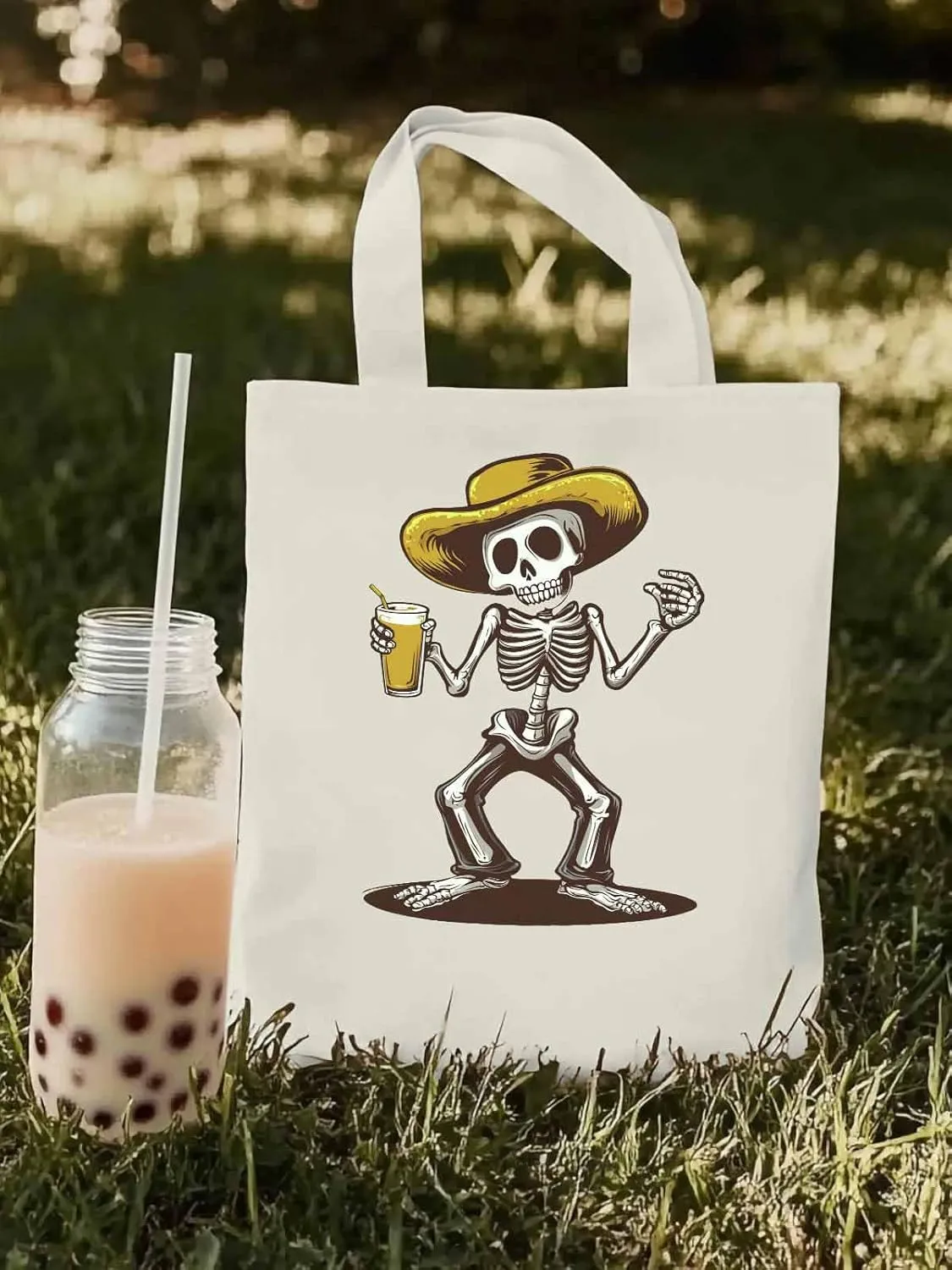 Canvas Tote Bag, Western Skeleton Aesthetic Canvas Tote Handbags for Women Shoulder Bag,