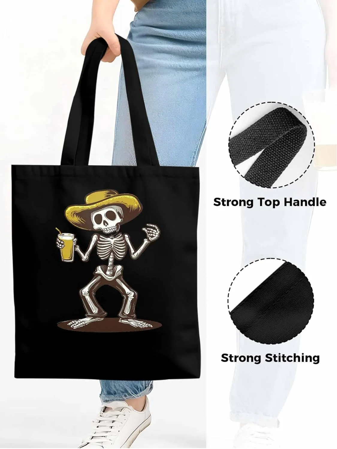 Canvas Tote Bag, Western Skeleton Aesthetic Canvas Tote Handbags for Women Shoulder Bag,