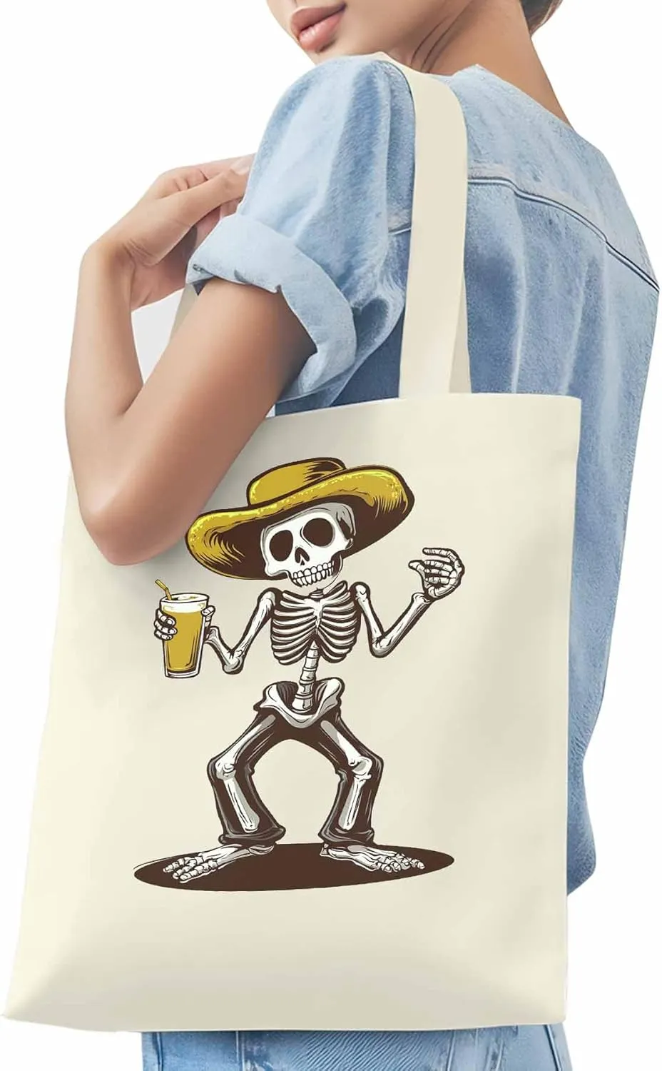 Canvas Tote Bag, Western Skeleton Aesthetic Canvas Tote Handbags for Women Shoulder Bag,