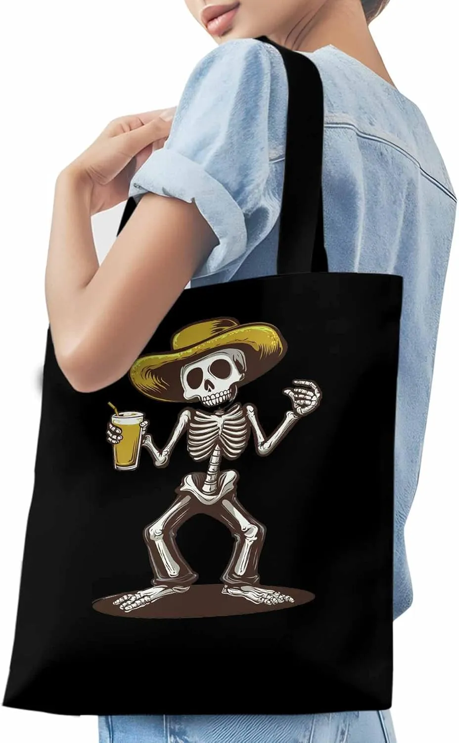 Canvas Tote Bag, Western Skeleton Aesthetic Canvas Tote Handbags for Women Shoulder Bag,