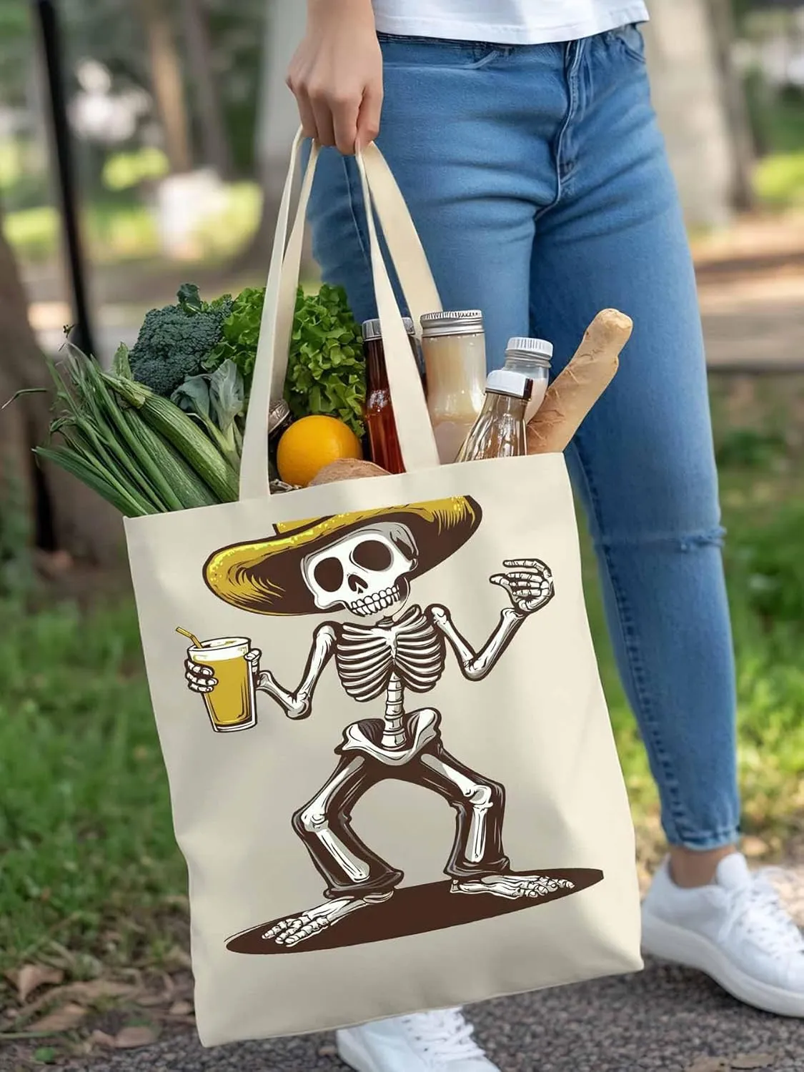 Canvas Tote Bag, Western Skeleton Aesthetic Canvas Tote Handbags for Women Shoulder Bag,