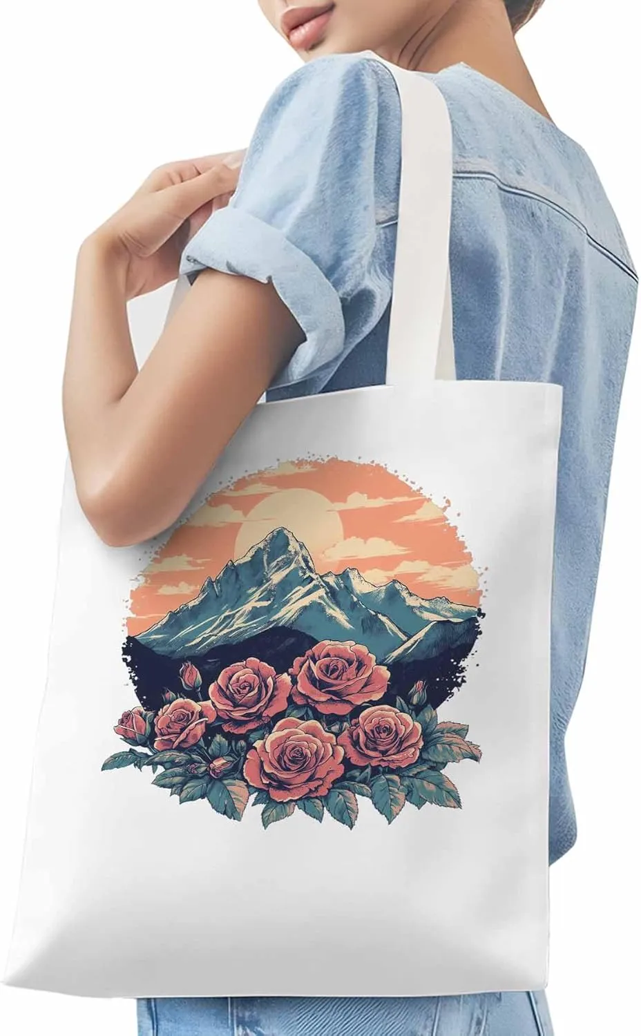 Canvas Tote Bag, Western Vintage Mountain Wildflower patterned Canvas Tote Handbags for Women Shoulder Bag,