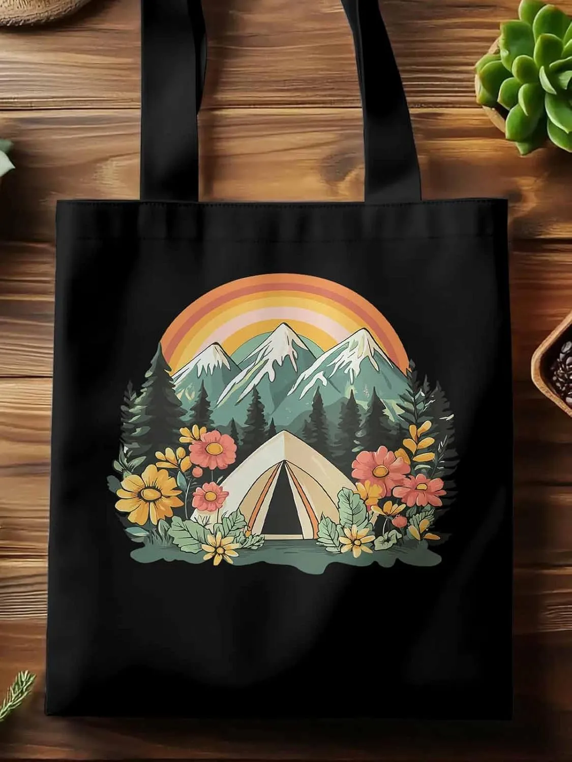 Canvas Tote Bag, Wildflower Mountain Rainbow Forest Tree Aesthetic Canvas Tote Handbags for Women Shoulder Bag,
