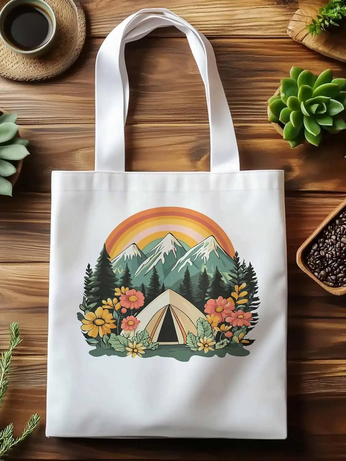 Canvas Tote Bag, Wildflower Mountain Rainbow Forest Tree Aesthetic Canvas Tote Handbags for Women Shoulder Bag,