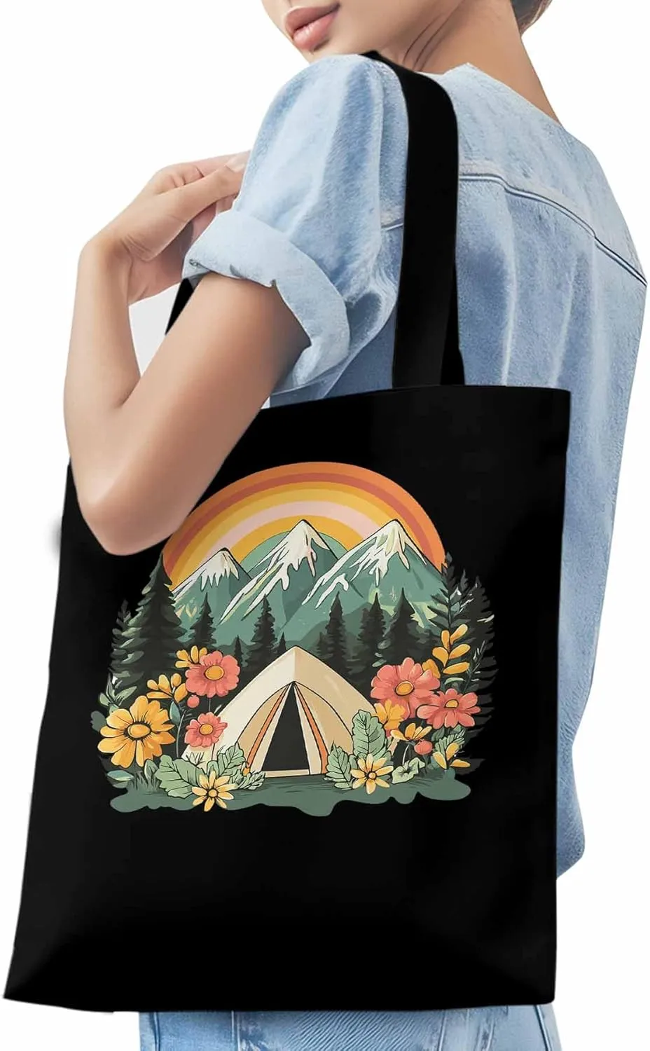 Canvas Tote Bag, Wildflower Mountain Rainbow Forest Tree Aesthetic Canvas Tote Handbags for Women Shoulder Bag,