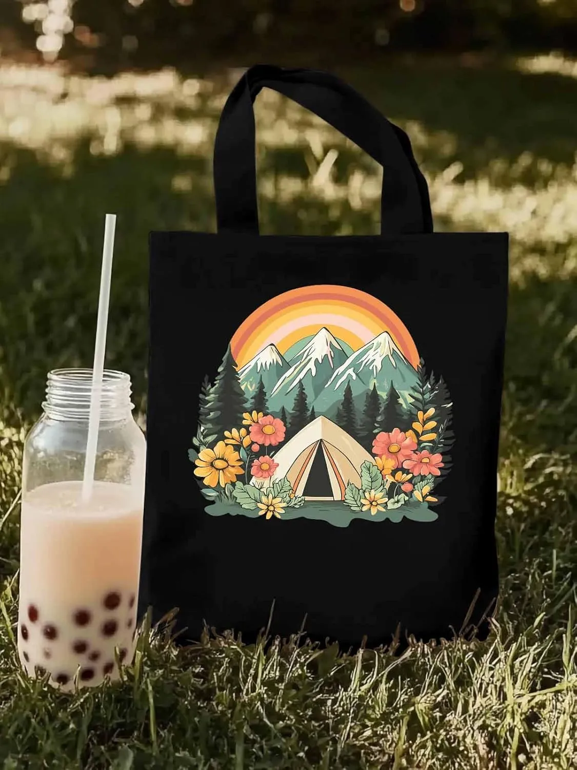 Canvas Tote Bag, Wildflower Mountain Rainbow Forest Tree Aesthetic Canvas Tote Handbags for Women Shoulder Bag,